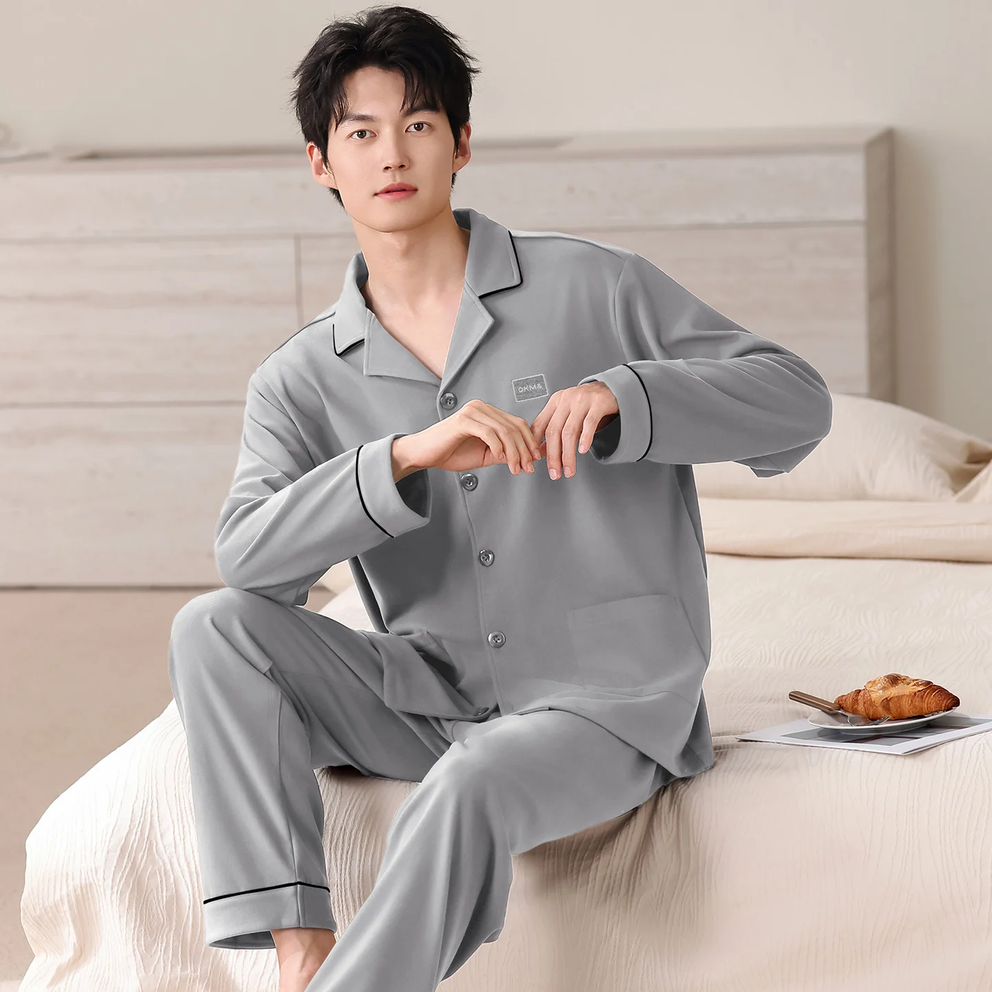 

Мужской пижамный комплект, сохраняющий тепло, тонкий бархат, мужской пижамный костюм с длинным рукавом, осенняя одежда для сна с воротником, мужская одежда для сна, комплект из двух предметов 4XL