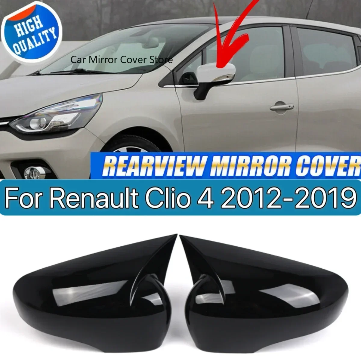 Pair Rear View Mirror Cover For Renault Clio 4 2012-2019 Add On Glossy Black Side Wing Mirror Cap Cover