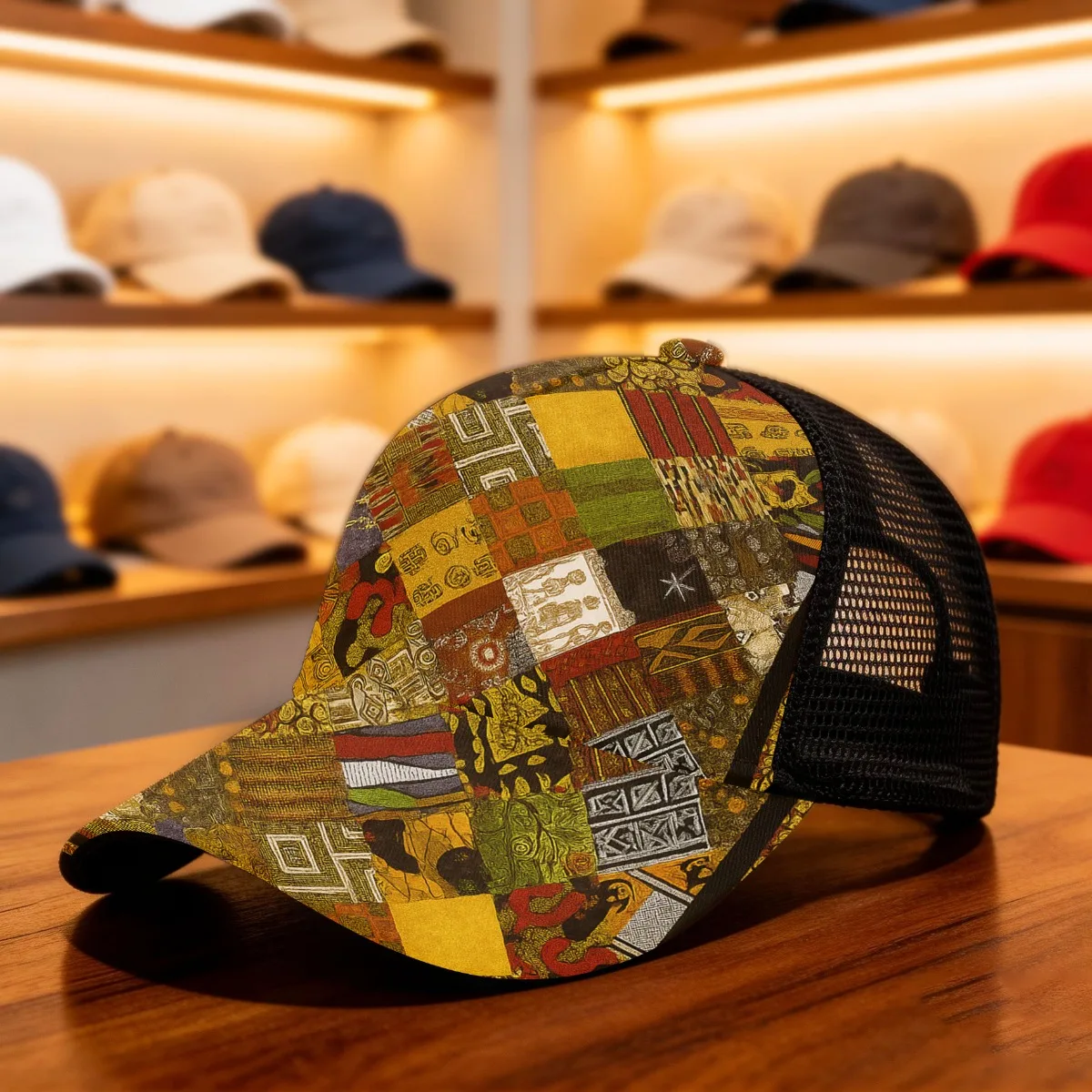 1pc Golden Patchwork Harmony All-Season Baseball Cap Mesh Cap Unisex Versatile All-Over Print Ideal for Weekend Getaways