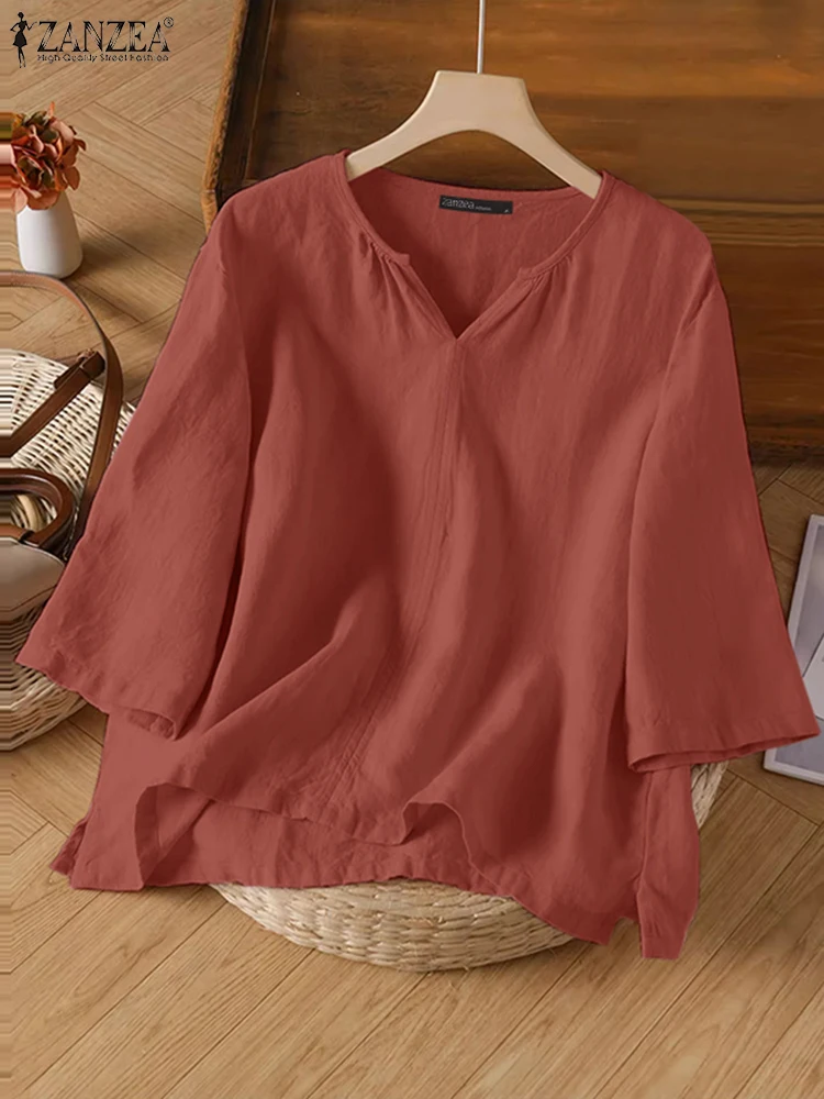 ZANZEA 2025 Summer Solid Color Blouses Women Vintage Cotton Tops Elegant V Neck Short Sleeve Work Shirt Casual Loose Chemise