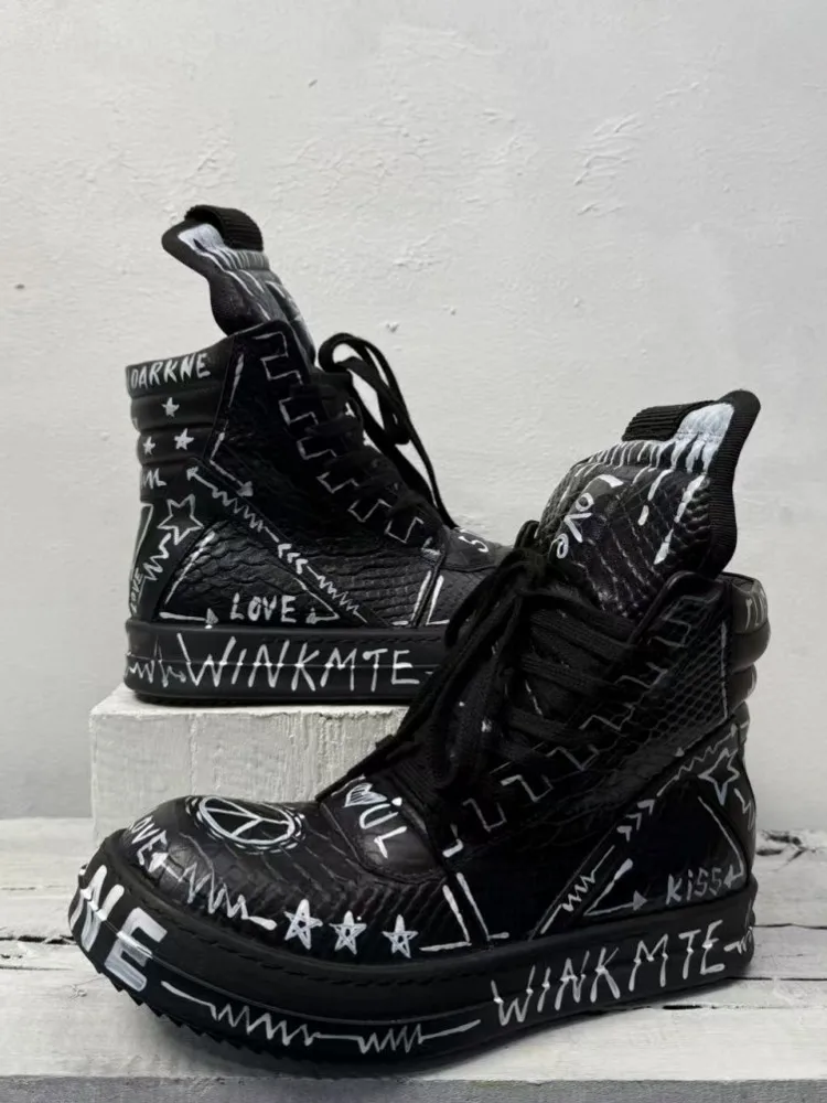 High-Quality Mens Genuine Leather Black Sneakers Lace-Up Thick Soled Leisure Shoes Male Wear-resistant Cowhide High Top Footwear
