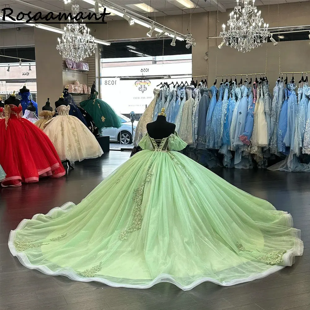 Vestido De baile verde salvia con hombros descubiertos para quinceañera, apliques De cuentas De cristal, corsé De encaje, 15 Años