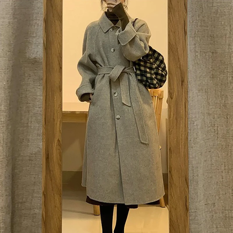 

Wool Coat Women Outwear Fashion Loose Long Lace-Up Wool Jacket 2025 Autumn Winter New Vintage Woolen Windbreaker Female Outwear