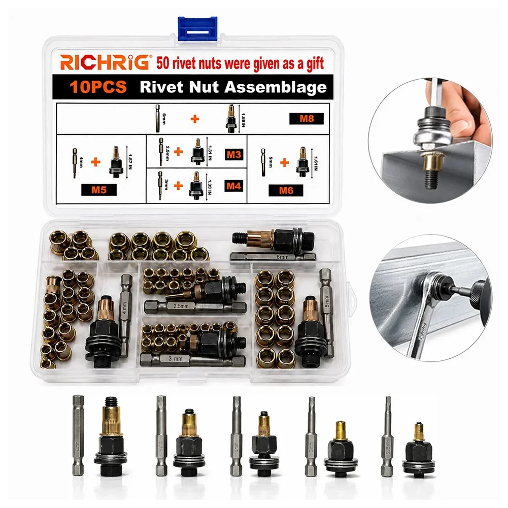 M3/4/5/6/8 Carbon Steel Threaded Rivets Nut Tool Set Manual Riveter Rivnuts Tool Accessory For Automotive Repair DIY Projects