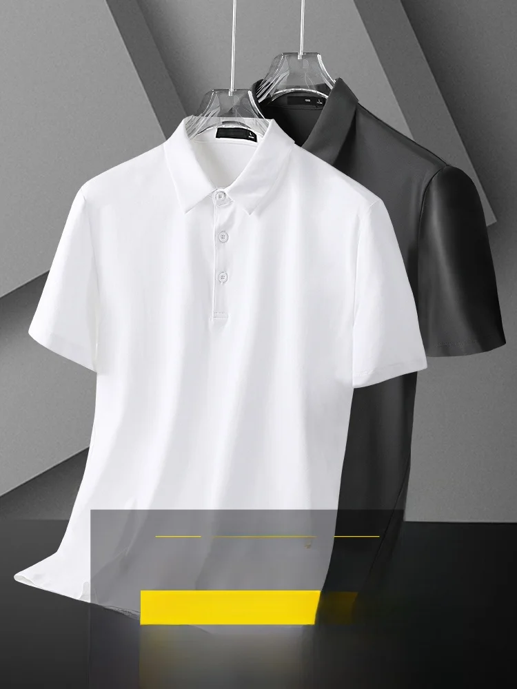 Modal Men's Ice Silk Thin  Shirt Summer Half Sleeve High End White T-Shirt Short Sleeve Business Turn Collar Upper Apparel