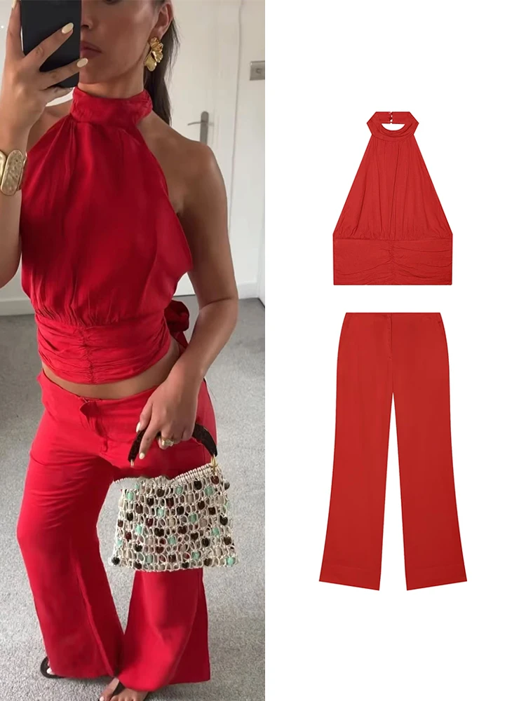 TFMLN Damen-Set mit rotem Rüschenoberteil, Neckholder-Crop-Top, rückenfrei, ärmellos, schicke Hose mit hoher Taille, gerader Schnitt, modisch, sexy