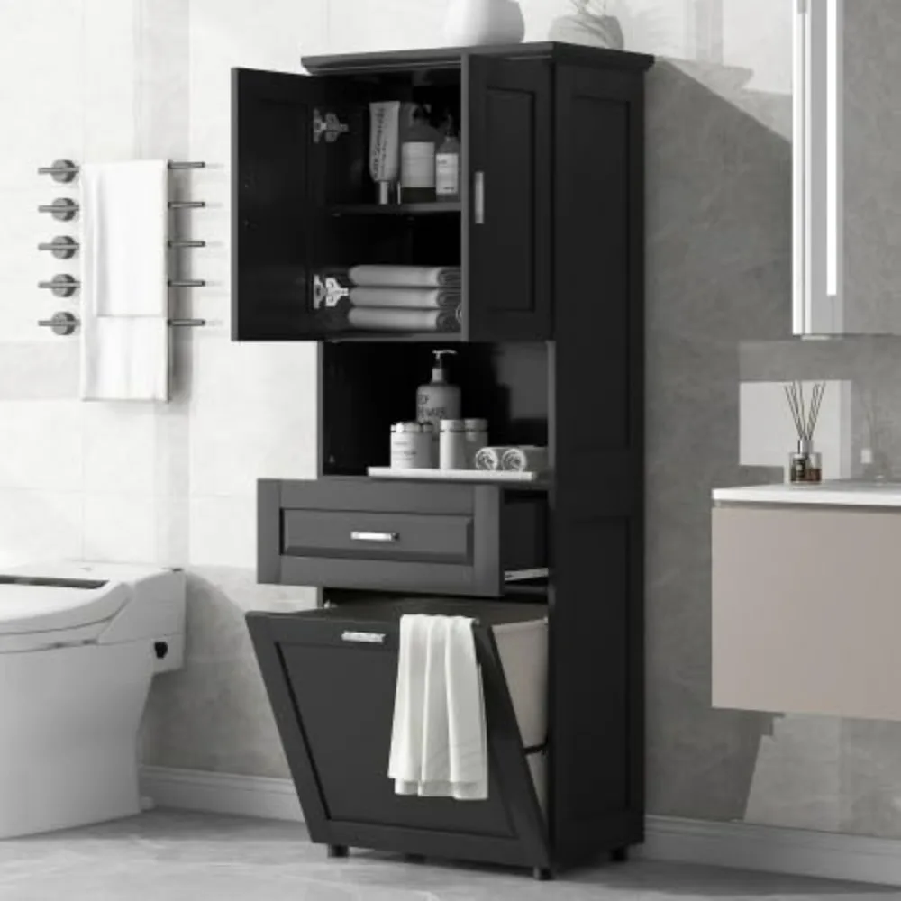 

69" Tall Tilt-Out Laundry Hamper, Tall Bathroom Storage Cabinet with Tilt-Out Laundry Hamper Basket, Bathroom Cabinet