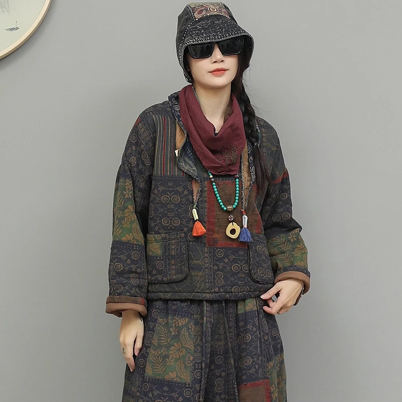 Pulôveres casuais de linho de algodão feminino nova chegada 2025 inverno estilo vintage o pescoço estampa floral feminino grosso casacos quentes m2151