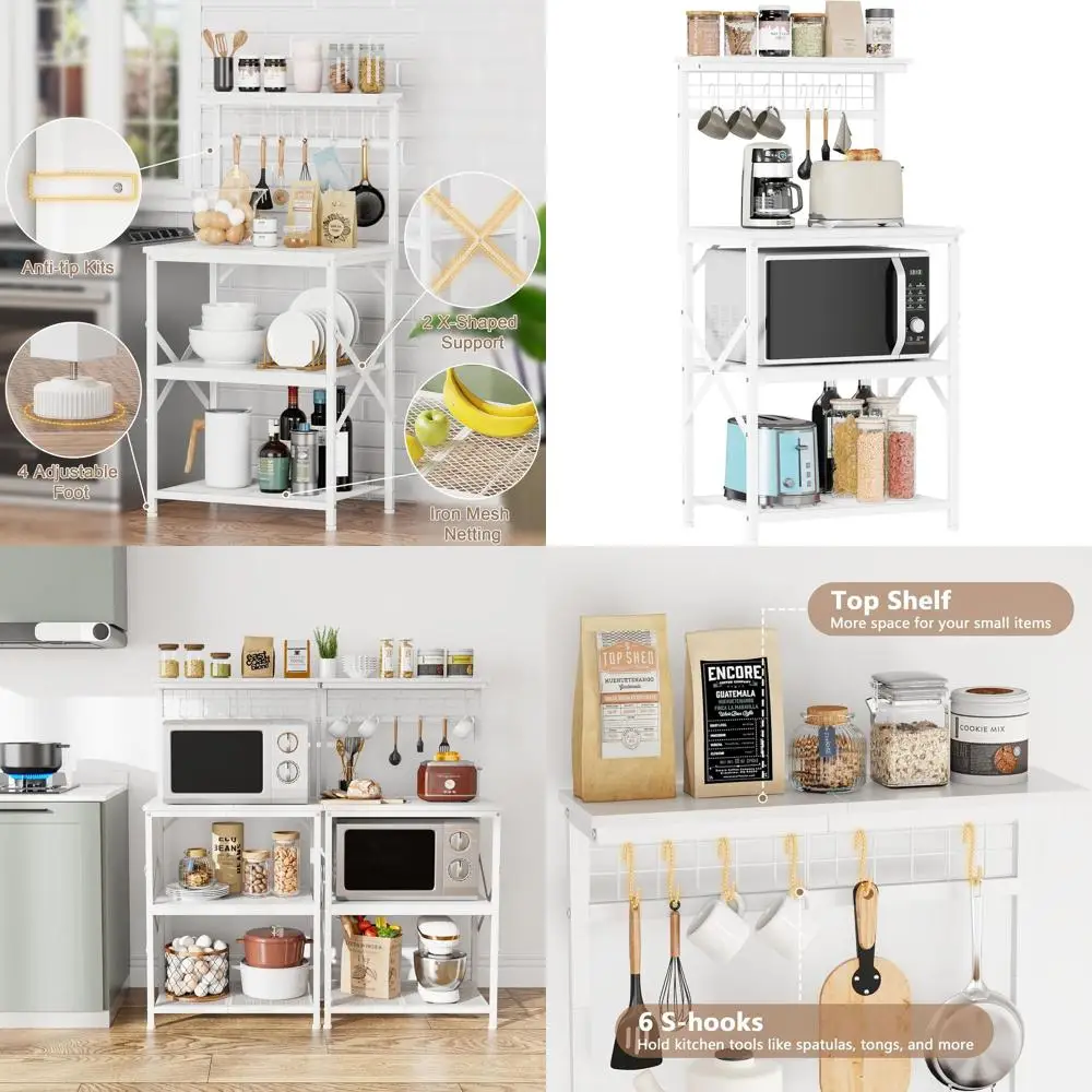 

Кухонный стеллаж-буфет с надстройкой, 4-уровневая кофейная станция, подставка для микроволновки с крючками и перфорированной панелью, белый