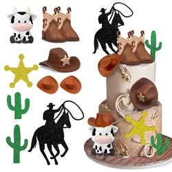 10pcs Cowboy Cake Decorations Cowboy Cactus Cowboy Hat and Boot Cake Toppers for Western Cowboy Farm Theme Birthday Party Decor