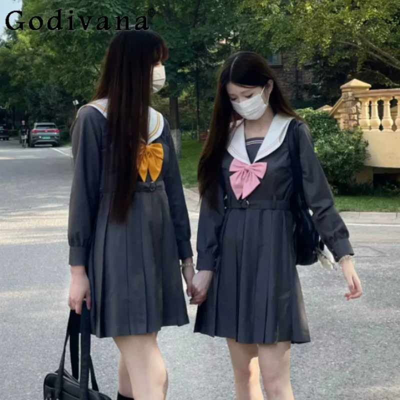 JK Uniform Spring Autumn Sweet Navy Collar Long Sleeve College Dress Fashion High Waist A-line Age Reduction Japanese Dresses