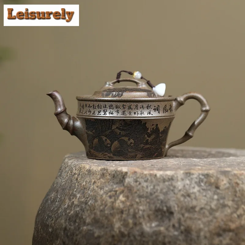 

290ml High-end Yixing Purple Clay Teapots Handmade Panda Bamboo Pot Raw Ore Agilawood Mud Kettle With Infuser Zisha Tea Set Gift