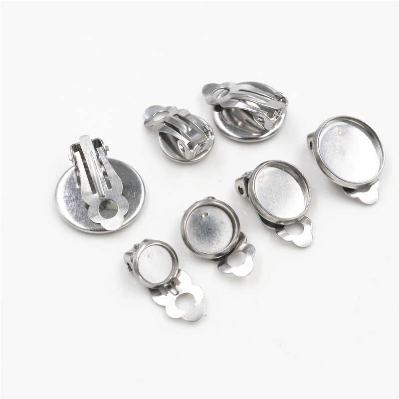 6/8/10/12/14/16/18/20mm 10pcs/lot Stainless Steel Material Ear Clips ,Earring Base Cameo Bezels Tray For Jewelry Supplies