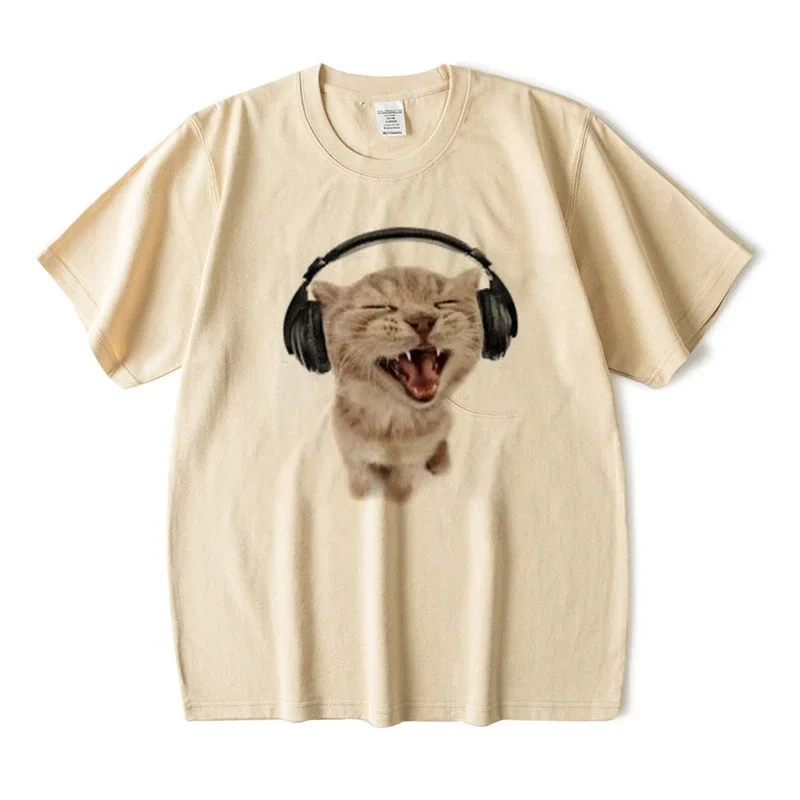 Cat Illustration With Headphones Vintage Instagram Style High-End Design Men's And Women's Couple Outfit Short Sleeved T-Shirt