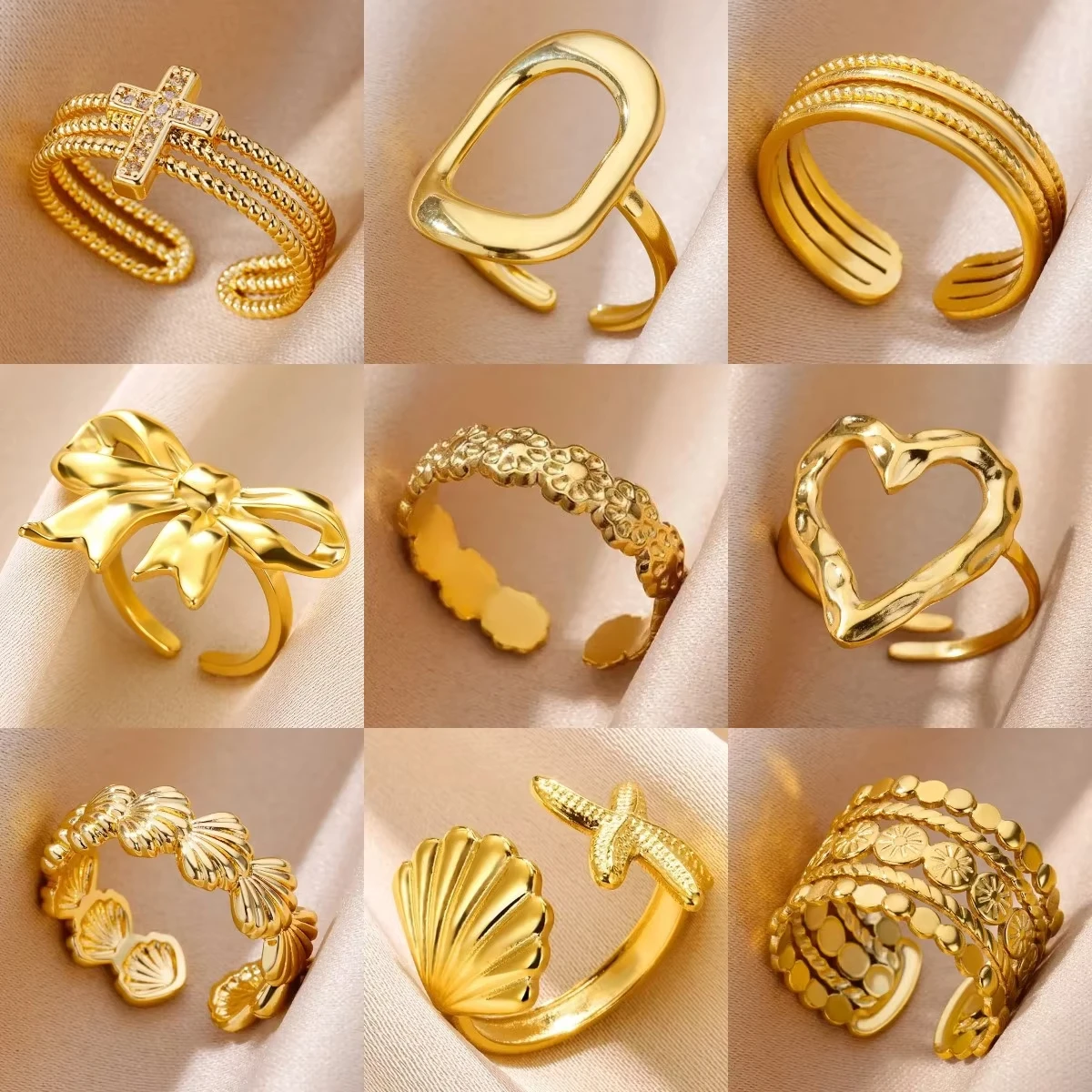 

Stainless Steel Beads Design Starfish Geometric Rings for Women Gold Color Aesthetic Wedding Couple Ring Summer Beach Jewelry