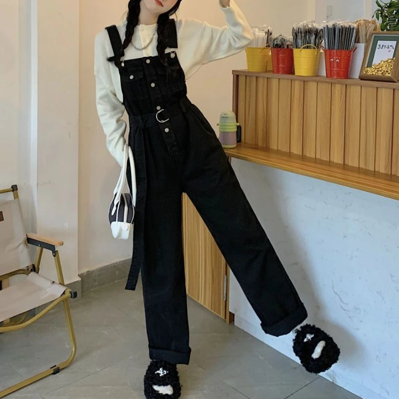 

Black Denim Jumpsuit Women Korean College Style High Waisted Loose Casual Trousers All-match Overalls Straight Wide Leg Pants