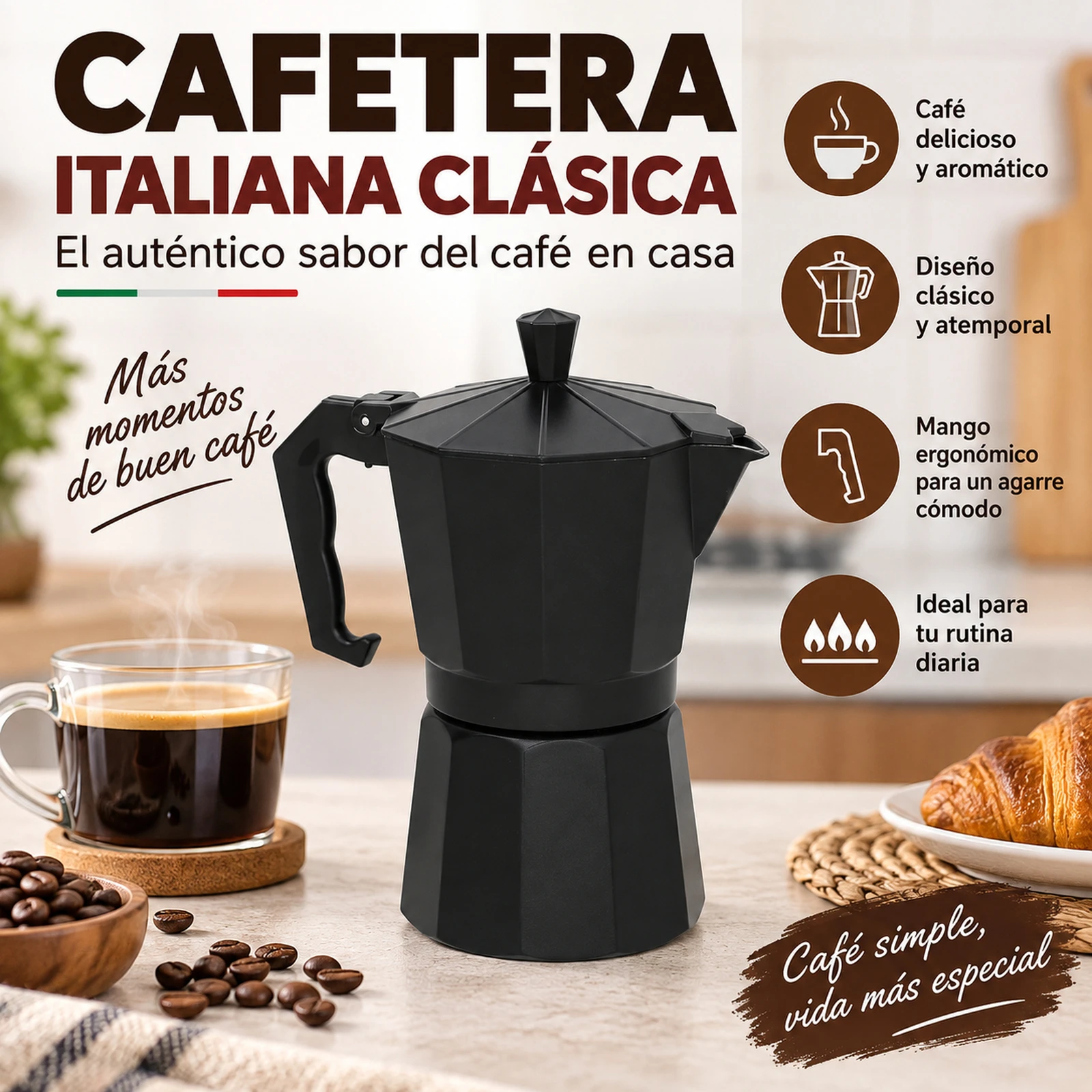 Cafetera Italiana de Aluminio en Color Negro para Espresso Tradicional, Moka Pot Clásica con Mango Ergonómico para Cocina y Camping, Disponible en Tamaños de 15.5 cm y 19 cm
