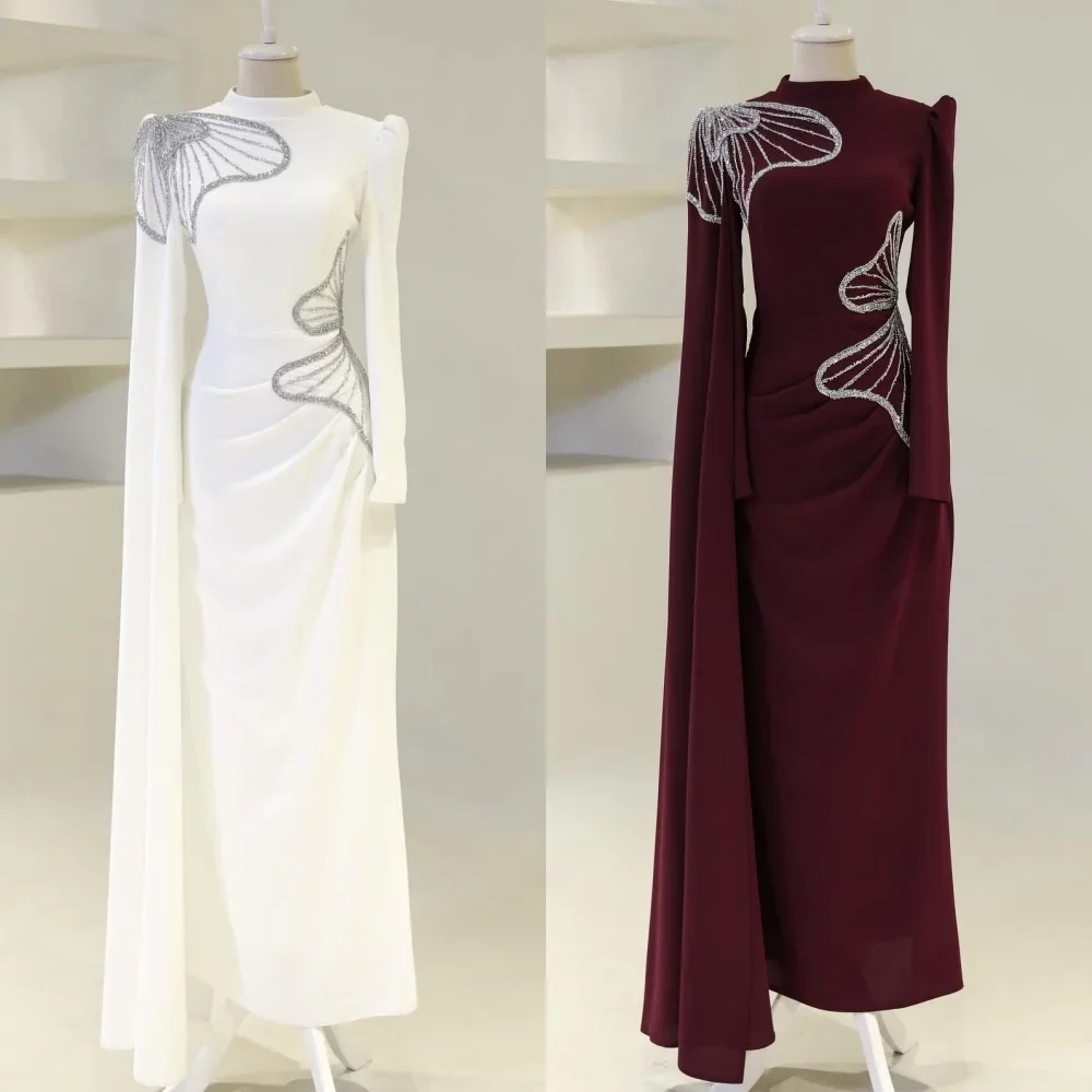 

Индивидуальное замысловатое подходящее джерси плиссированное вечернее платье с аппликацией из бисера и блестками, прямые длинные платья для выпускного вечера с высоким воротником