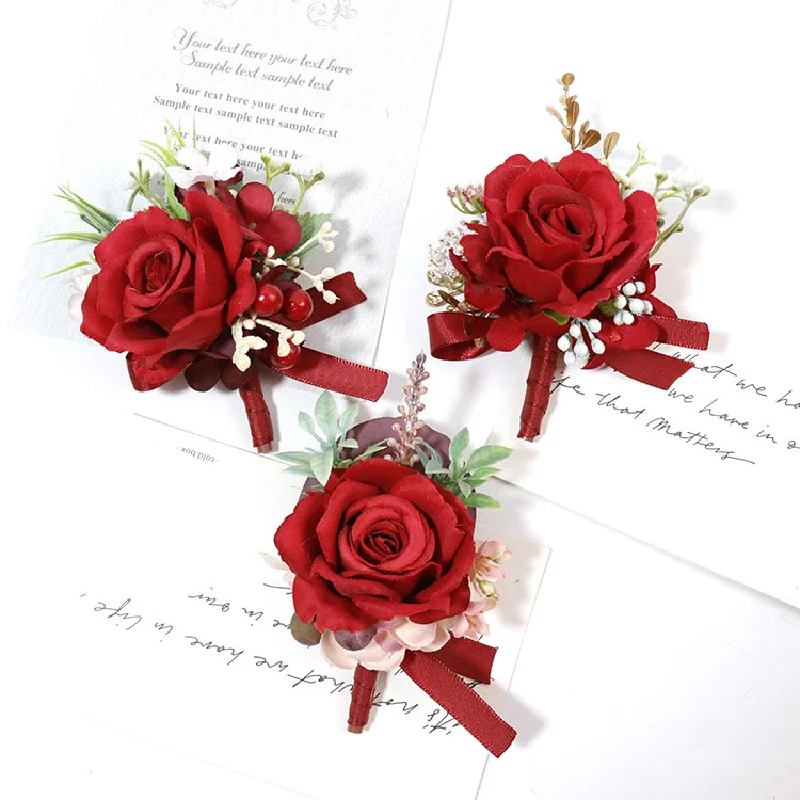 Boutonniere And Wrist Corsage Wedding Supplies Banquet Guests Simulated Flowers Groom and Bride Hand Flowers Red 364