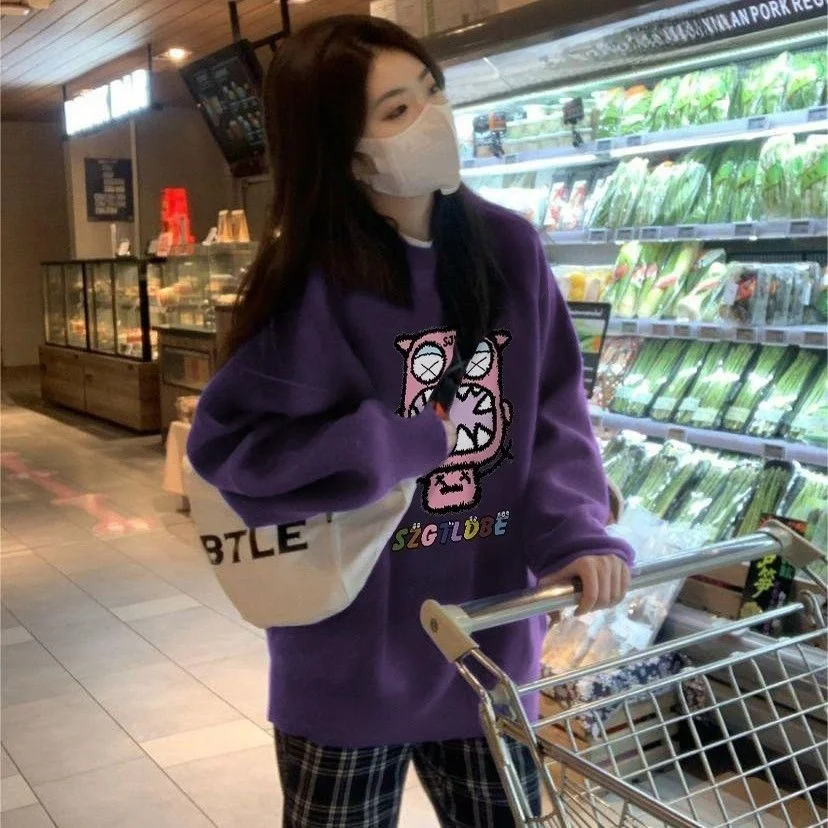 Moletom Longo Solto com Capuz para Mulheres, Estilo Fashion, Estampado, Novo, Pulôver Redondo Coreano