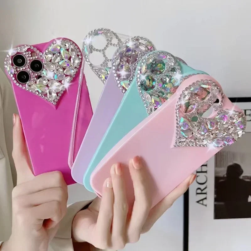 

Love Heart Rhinestone Protect Lens Phone Cases For IPhone 16 15 14 13 12 11 Pro Max XR Xs 8P SE2/SE3 TPU Shockproof Back Covers