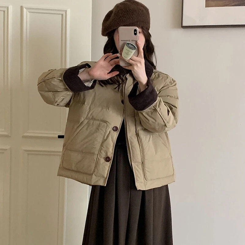 Retro Kurze Parkas Mantel Frauen Koreanische Casual Alle Spiel Lose Große Taschen Solide Mäntel Langarm Dame Winter Dicke Warme Oberbekleidung