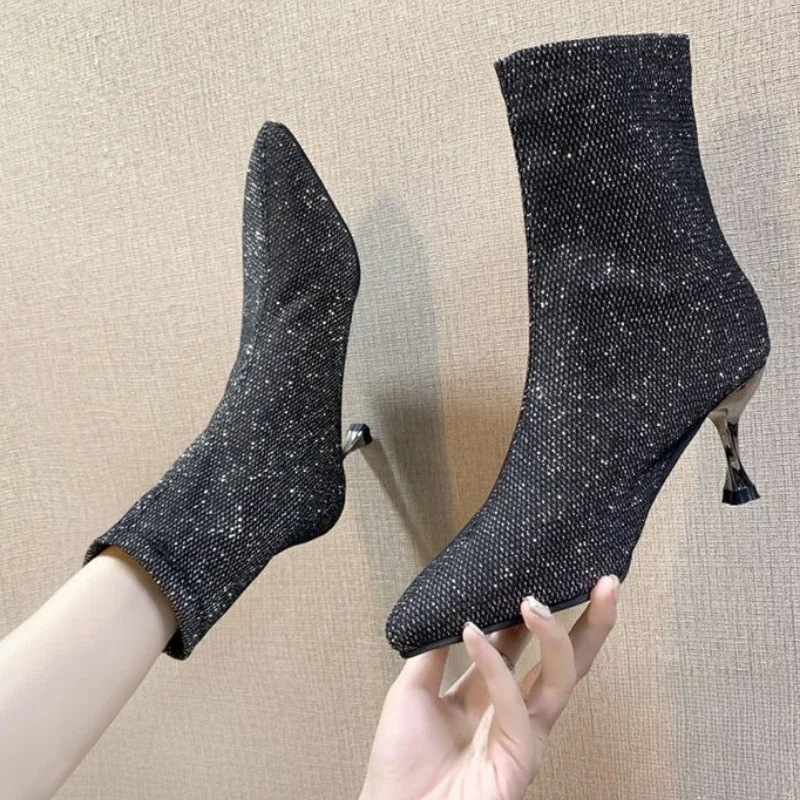 Ankle Boots for Women Stripper Pole Rhinestone Stiletto Heel Booties Y2k On Promotion Trend 2025 High Quality Woman Short Shoes