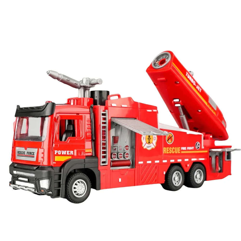 Motor de bomberos de aleación 1/32, modelo de coche fundido a presión para niños, vehículo de juguete, camión de bomberos de inercia, luces con sonidos de pulverización de agua, regalos de navidad para niños y niñas