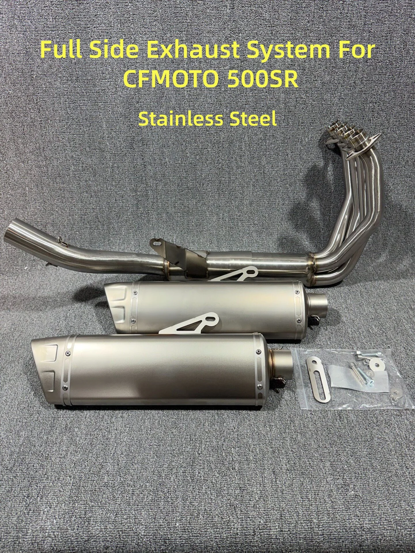 Side‑Mount Full Exhaust System for CFMOTO 500SR, Stainless Steel Front‑Mid Pipe + Muffler One Set, Built‑in DB Killer