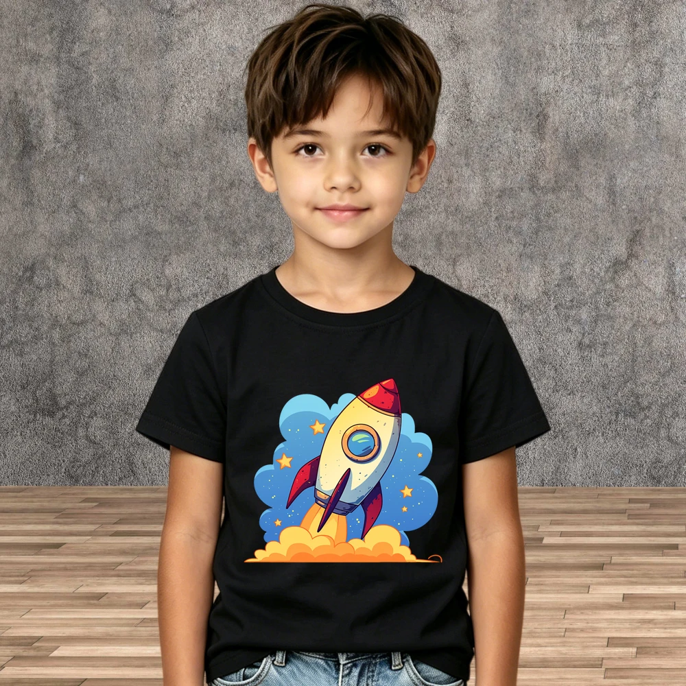 Unique Rocket Pattern Tops Boys Cartoon Cotton Kids Summer Short Sleeve Shirts