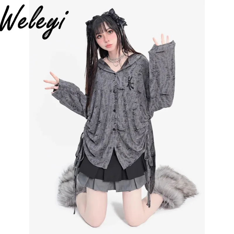 

Super Popular Jirai Kei Hooded Cardigan Women's New 2024 Spring and Autumn Yabi Waste Soil Wind Ripped Rabbit Ears Cardigans Top