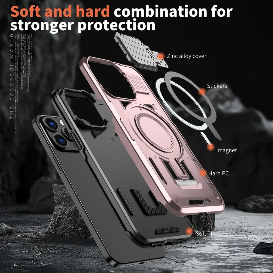 아이폰 15 프로 6.1인치용 마그네틱 폰 케이스 (카메라 커버 및 내장형 킥스탠드 포함, 군사 등급 보호 기능, 호환 가능)