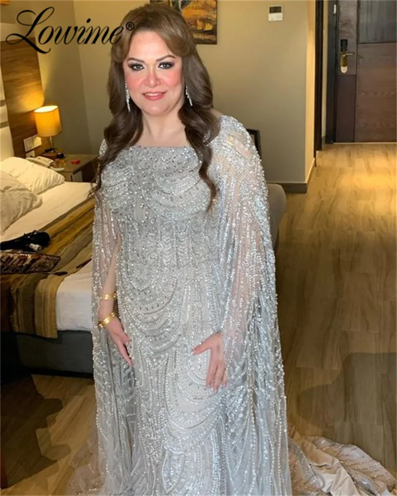 

Muslim Dubai Cape Sleeve Silver Evening Dresses 2024 Robe De Soiree Customize Plus Size Prom Dress Long Beaded Women Party Gowns