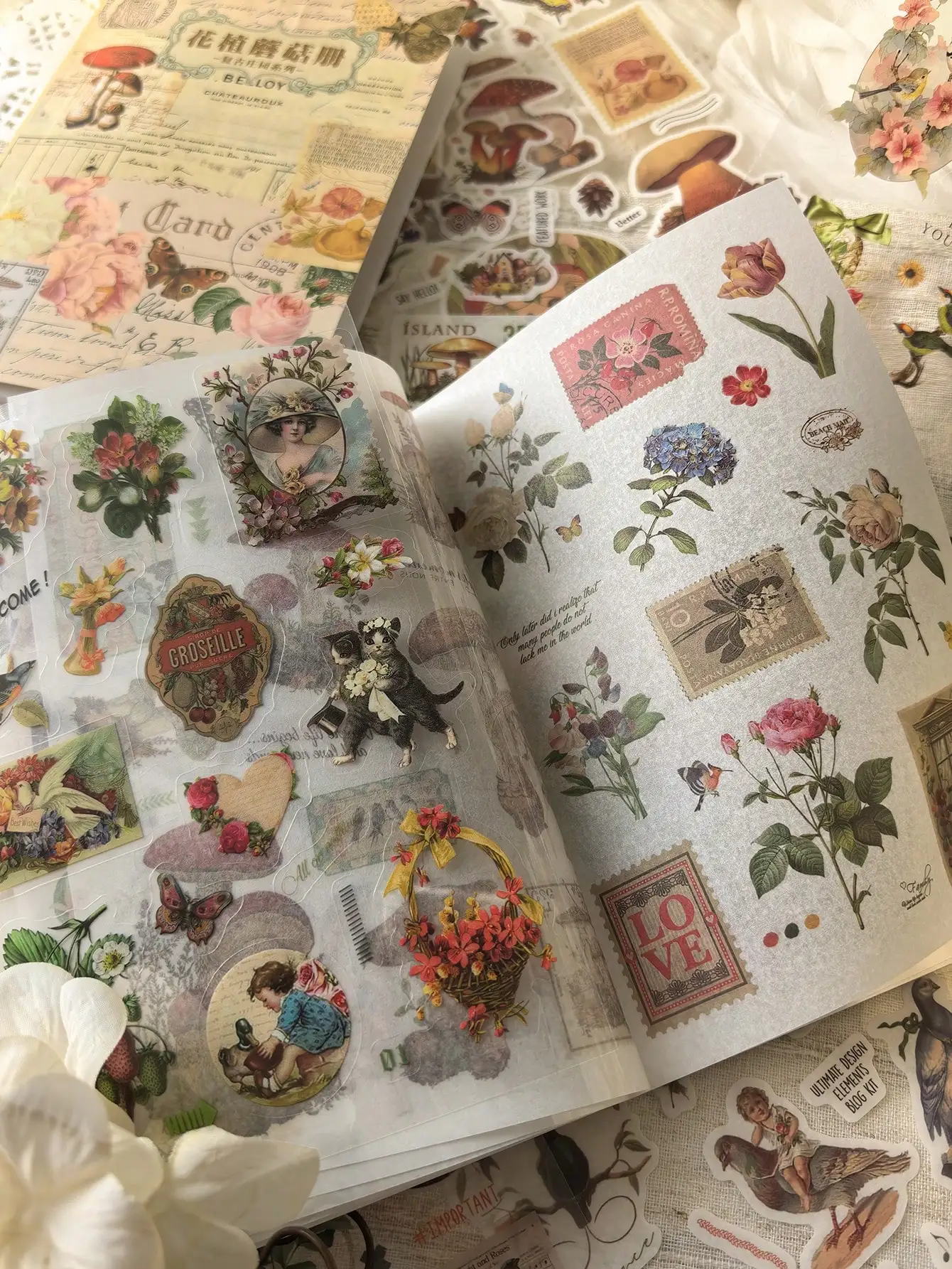 

Vintage Sticker Book – 20 Sheets, Plant, Mushroom & Farmhouse Series for Scrapbooking & DIY