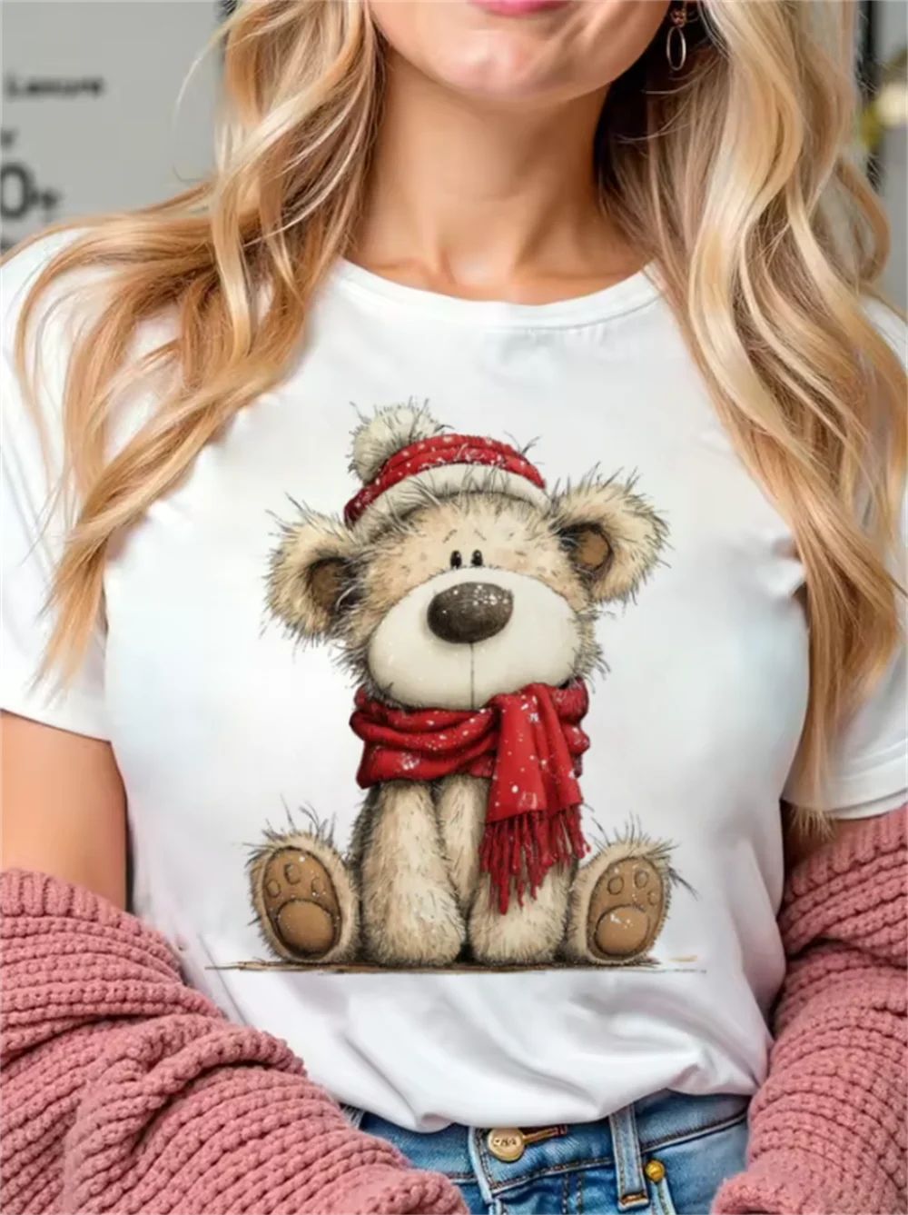 Short Sleeved Cartoon Christmas Bear Red Hat Scarf Printed Pattern T-Shirt Popular Top Cute Printed Women's White T-Shirt