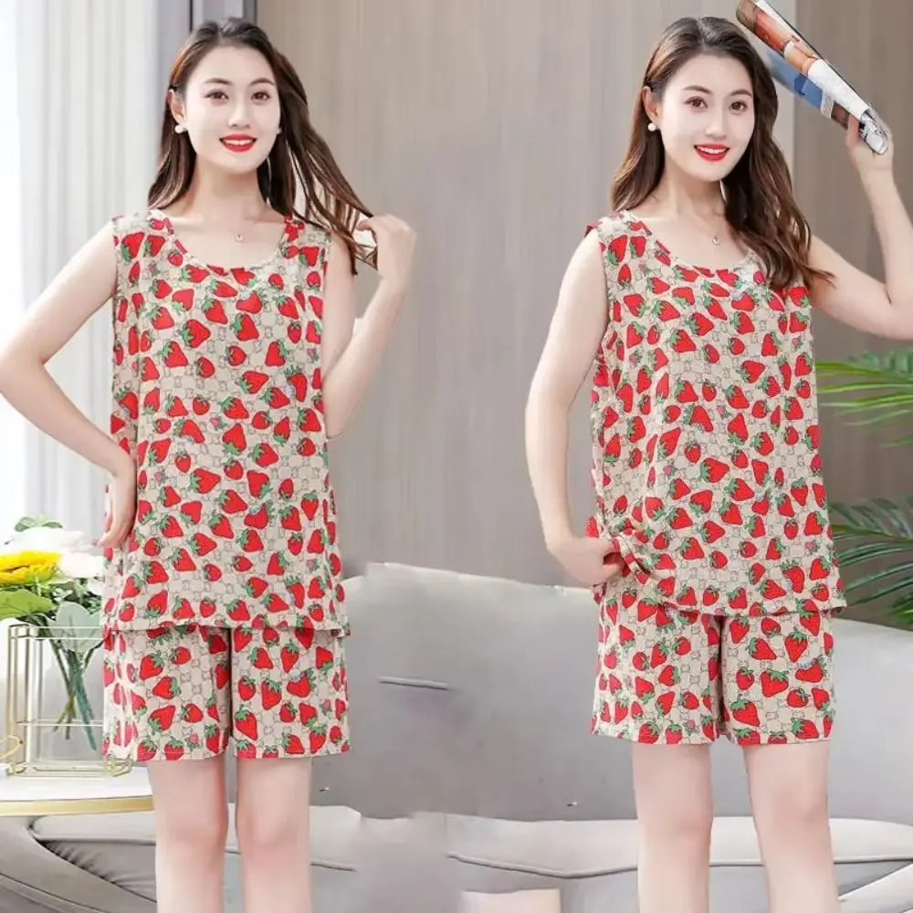 

Casual Cute Woman's Pajamas Set Cotton Silk Lattice Sleeveless Pajamas Sweet Loose Two-Piece Nightwear Spring Summer