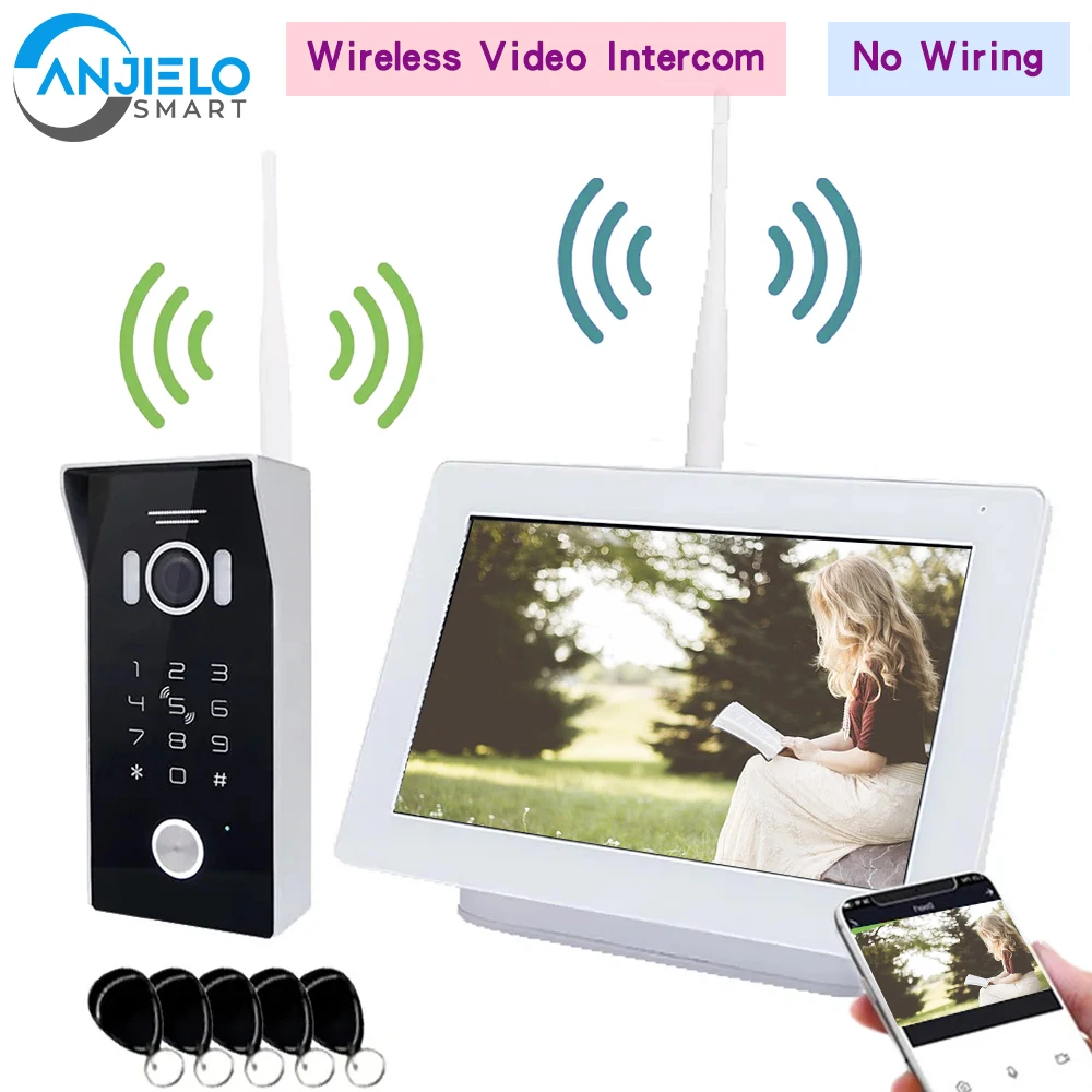 Intercomunicador de puerta inalámbrico con Wifi, Monitor blanco para interiores, pantalla táctil de 7 pulgadas, timbre, tarjeta RFIC, desbloqueo por