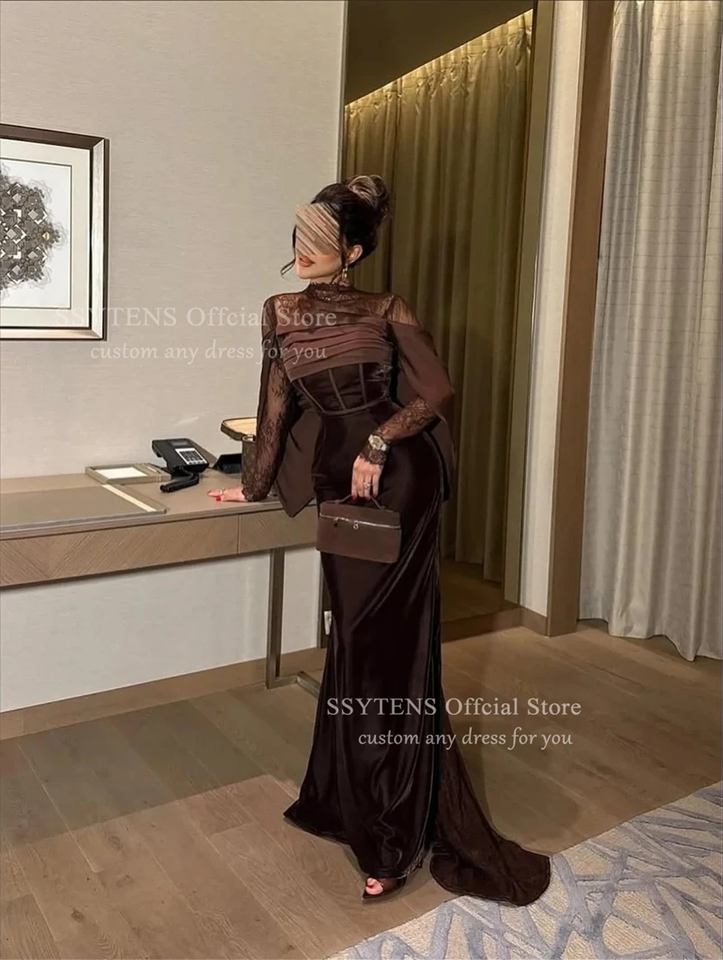 SSYTENS Brązowe Welurowe Suknie Wieczorowe Saudyjska Koronka Syrenka Suknie Ślubne na Przyjęcia dla Kobiet Długie Rękawy Personalizowane Suknie Formalne na Przyjęcia