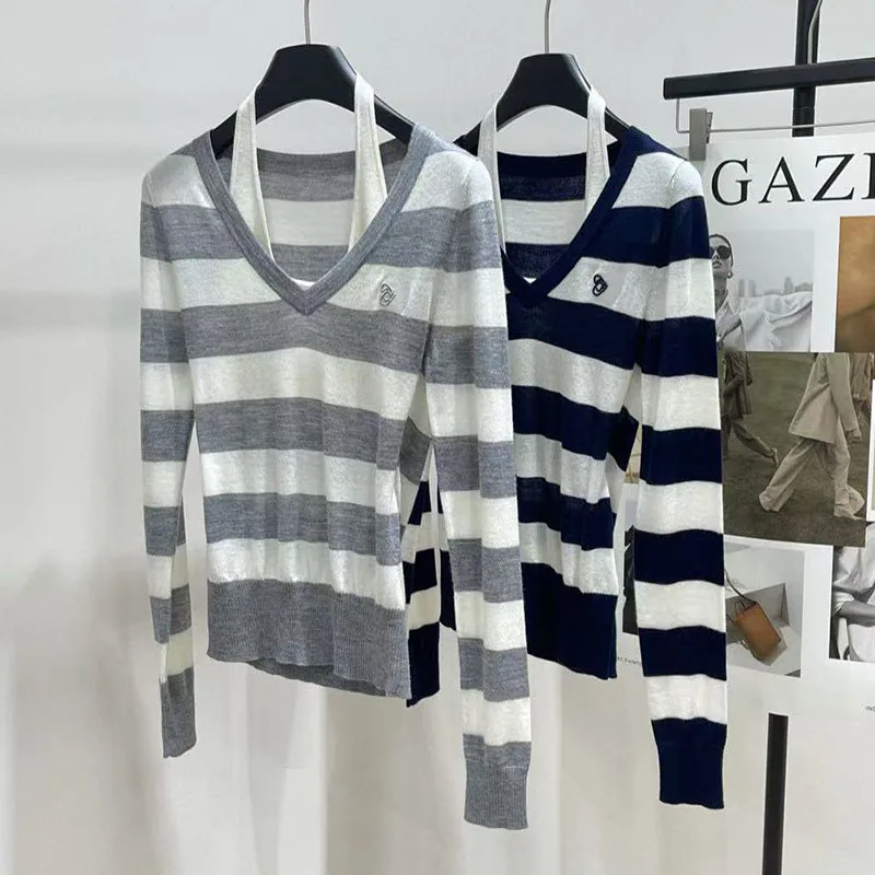 

Женский вязаный свитер с длинным рукавом на осень-зиму, V-образный вырез, в полоску, приталенный, на молнии, для повседневной носки