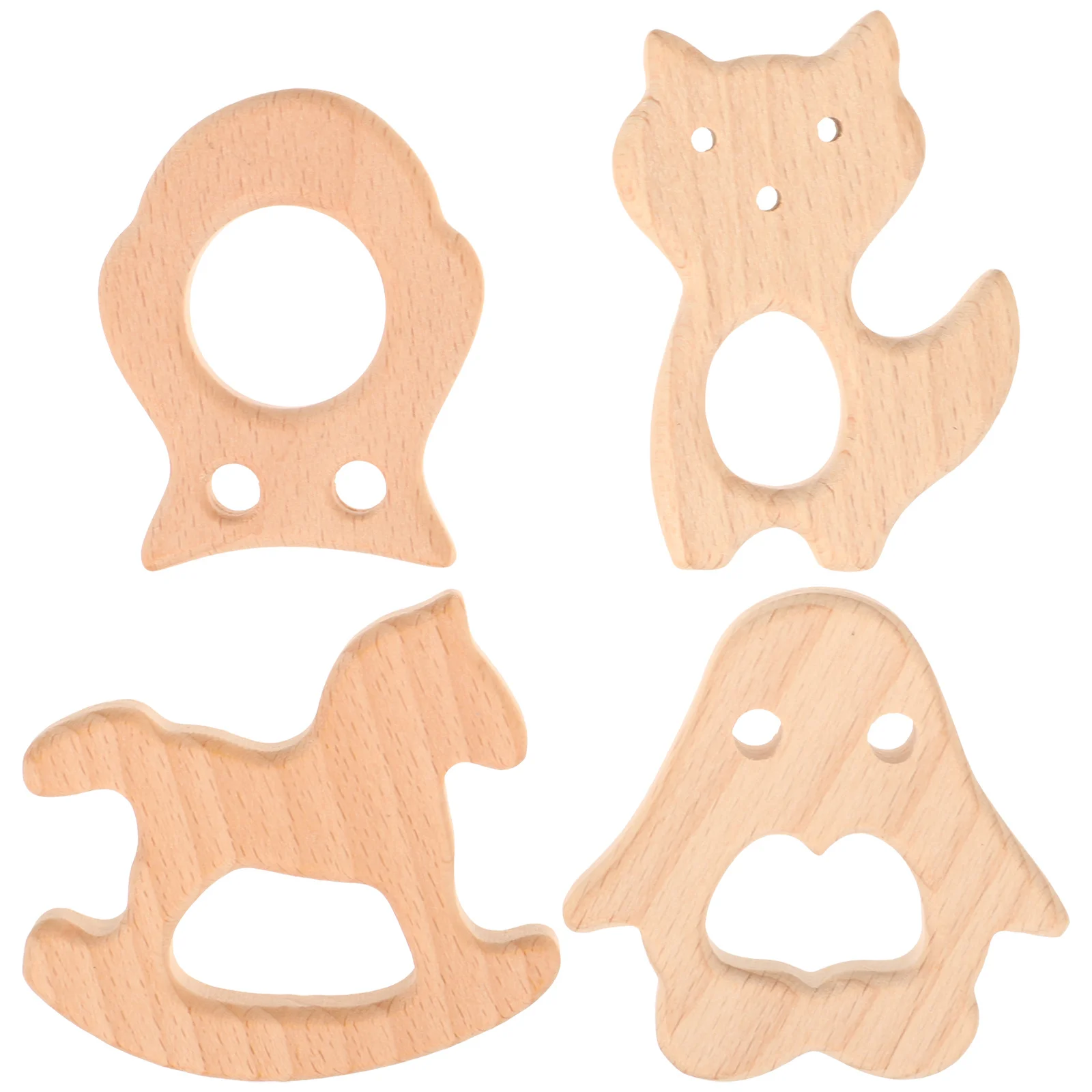 4-teiliges Beißring-Set aus natürlichem Holz, Pinguin, Eule, Katze, Steckpferd, sicher für Babys, Zahnen, Linderungshilfe, geistiges Wachstum