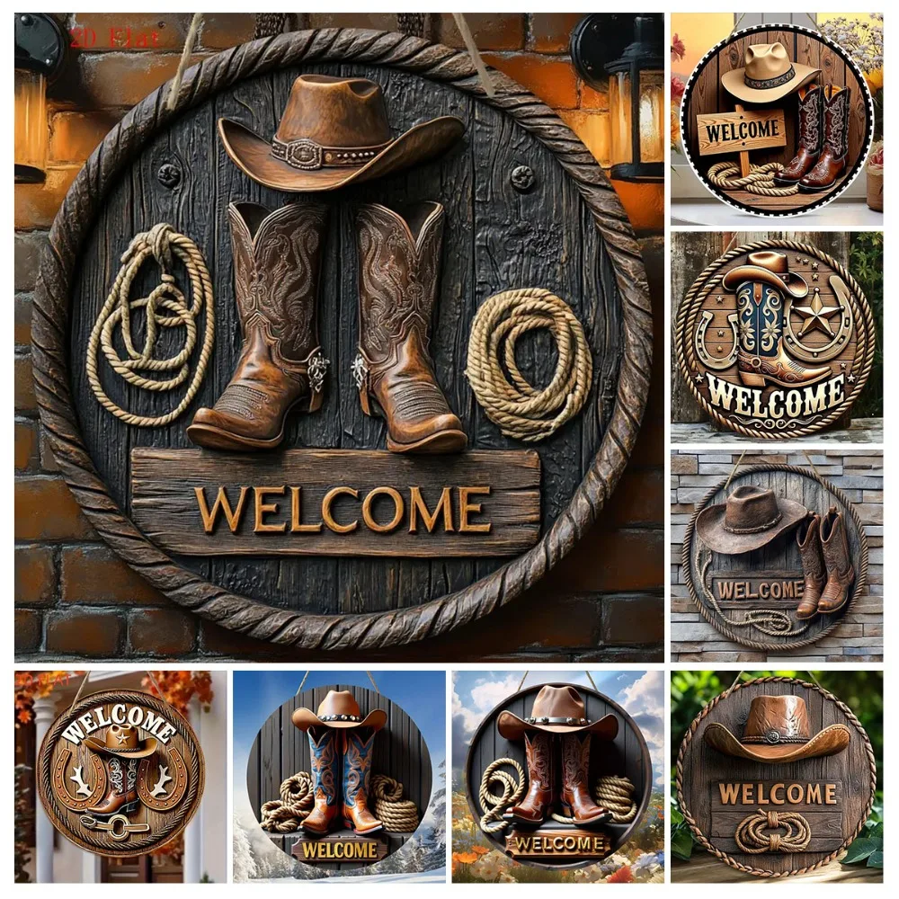2D Rustic Denim Welcome Sign, Vintage Circular Wooden Sign, Suitable for Home, Office, Garage, Restaurant, Bar Decoration, Gift
