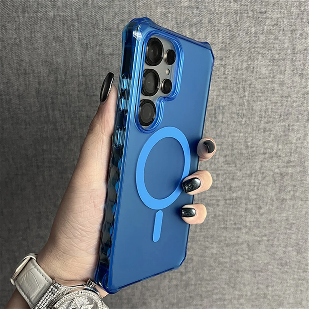 

For Magsafe Armor Wave Curly Non-Slip Bumper Phone Case For Samsung S24 S25 Ultra S23 Plus Luxury Wireless Charge Frosted Cover