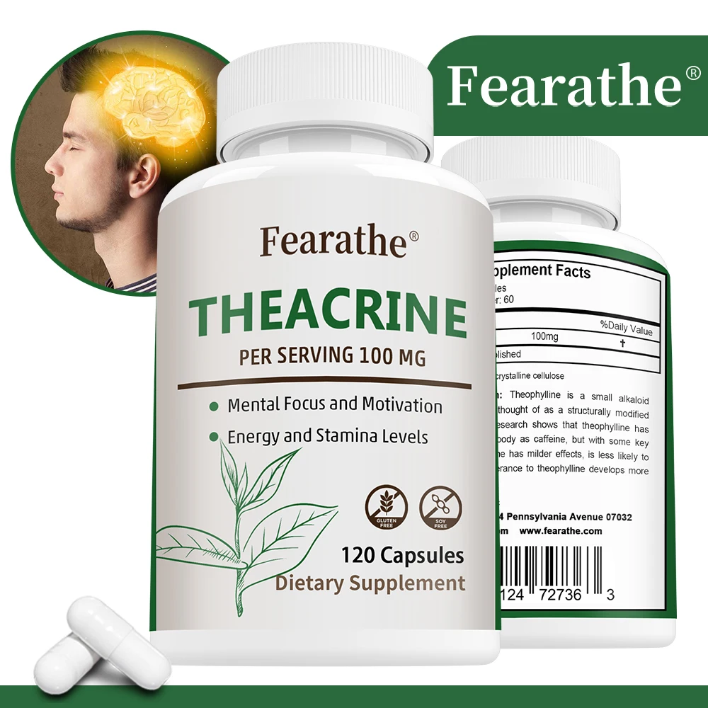 Teacrine 100 Mg, 120 Capsules - Brain Supplement for Stress Relief, Energy and Focus, Alertness - Non-GMO, Gluten Free