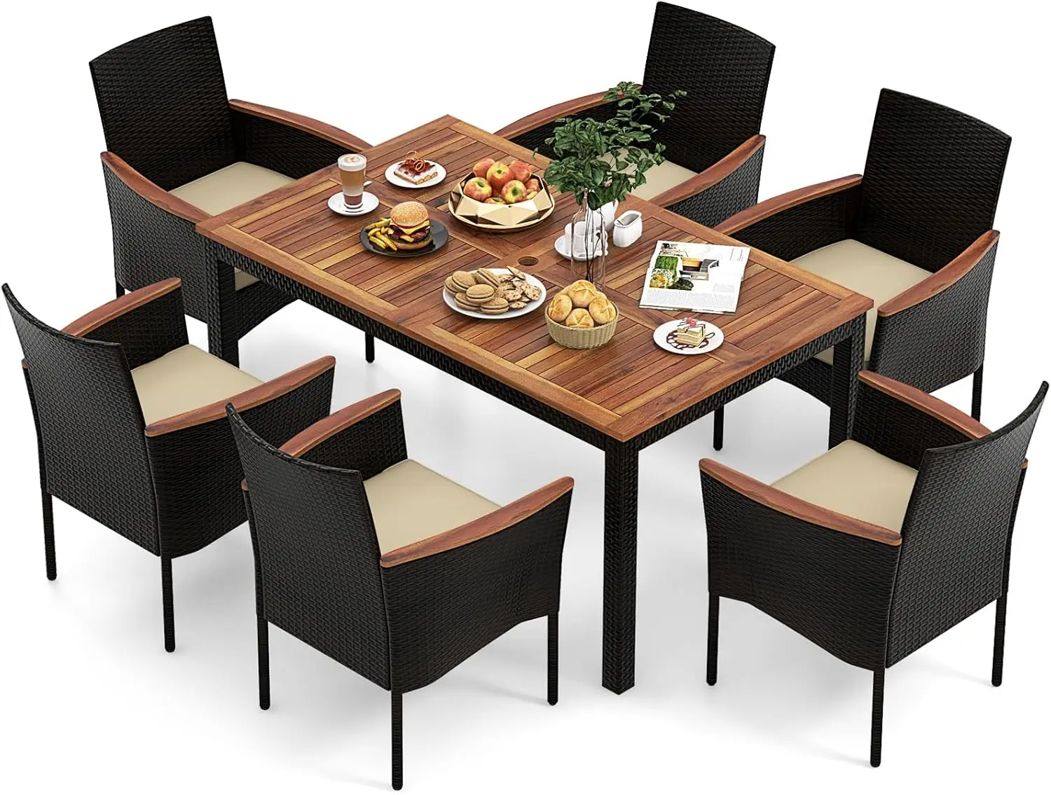 

Outdoor Dining Set for 6 PE Rattan Wicker Patio Furniture Set with Wood Table Cushioned Armchairs 1.96'' Umbrella Hole Patio Tab