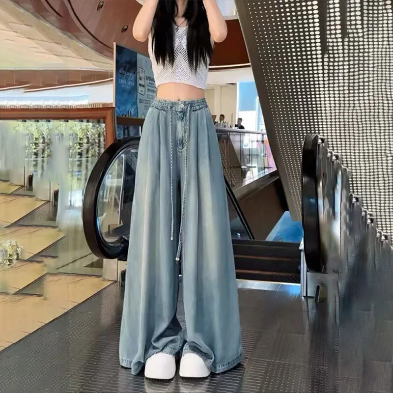 جديد إمرأة امتدت الخصر لينة الجينز الربيع الصيف رقيقة تصميم مع ثنى جيد واسعة الساق السراويل الإناث عارضة سراويل جينز 4XL