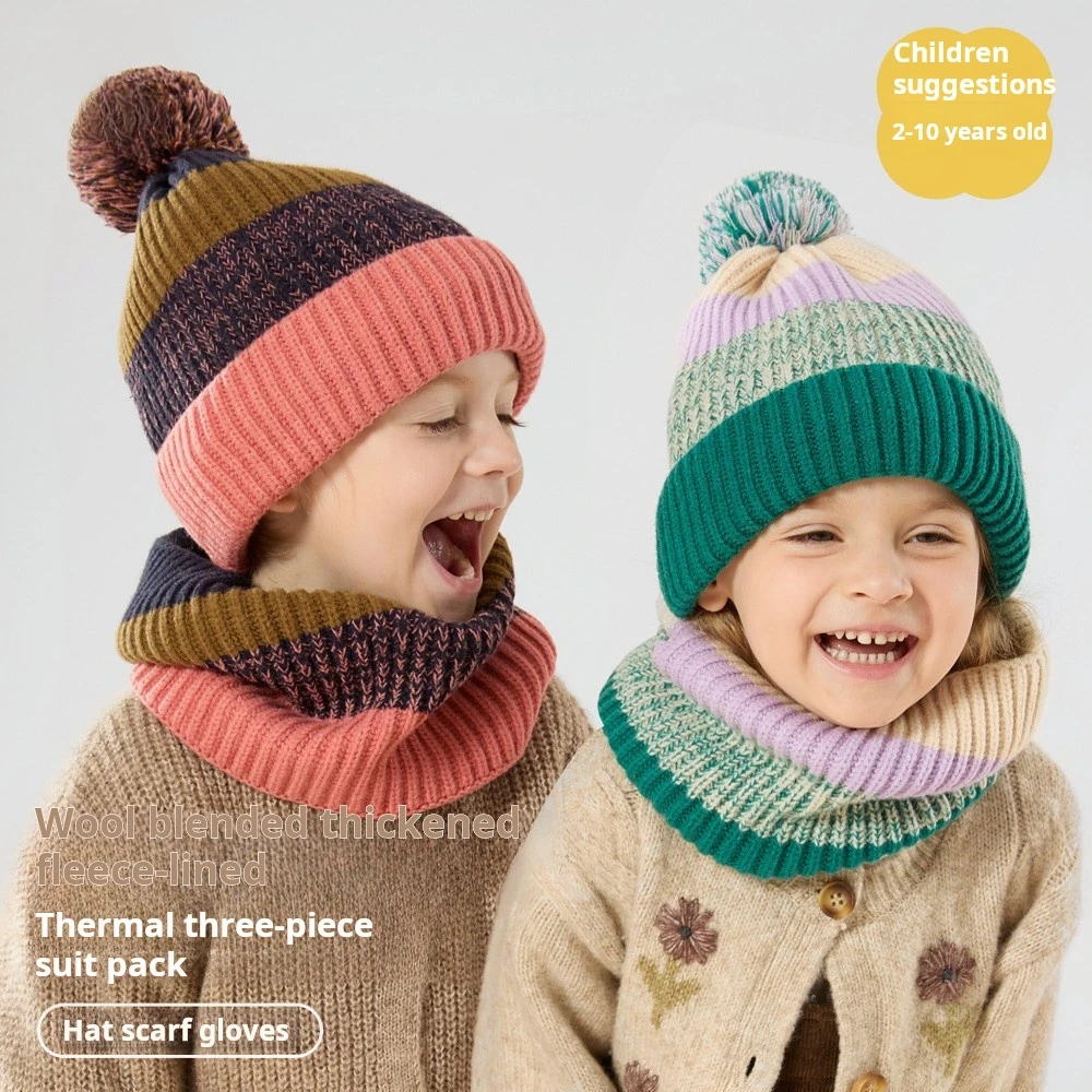 

Winter Children's Hat Set 3-piece Pom-pom Children's Knitted Hat Scarf Glove Set Thickened Warm Wool Children's Beanie New Style