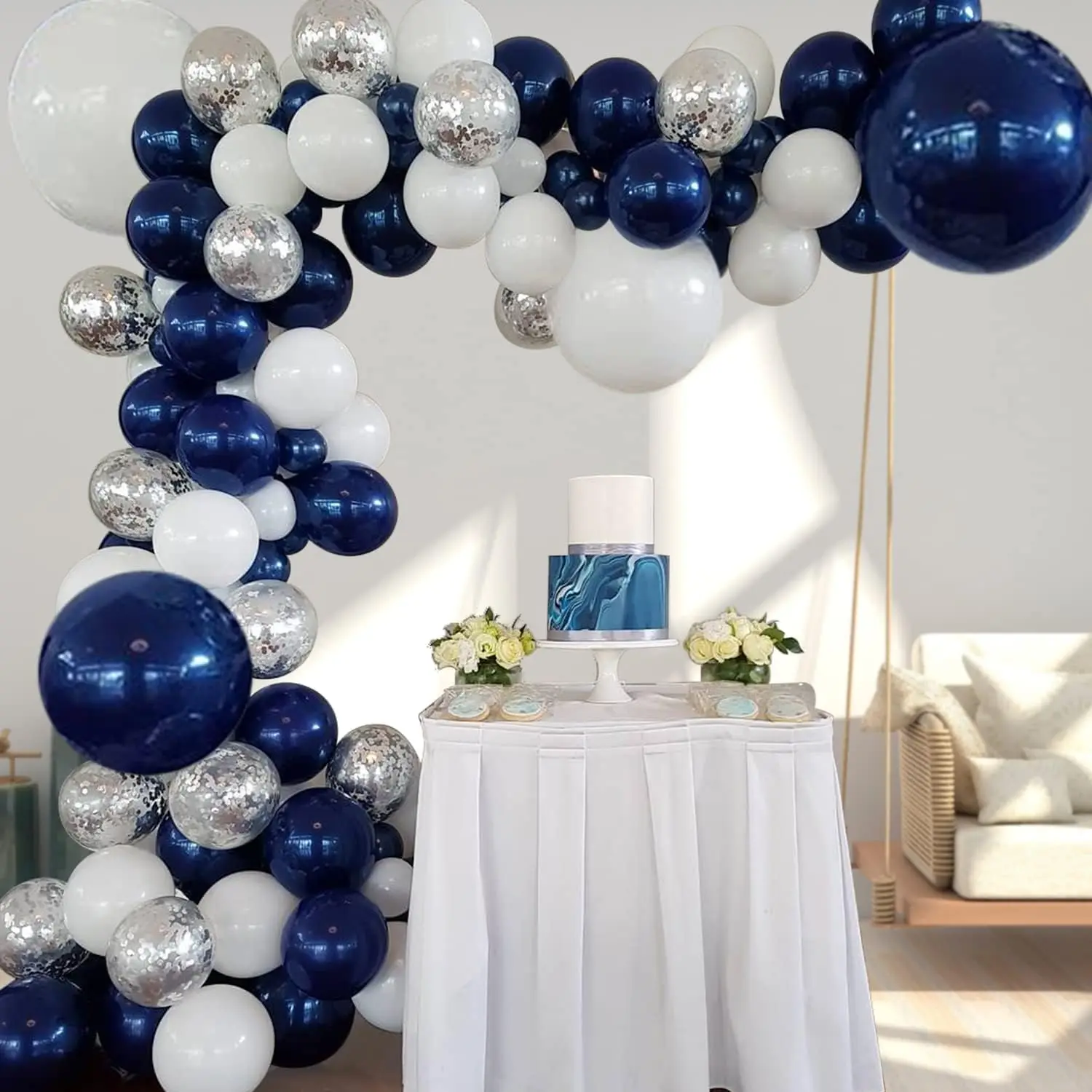 85Pcs Navy Bule White Balloons Garland Arch Kit Metallic Confetti Silver Balloons for Wedding Anniversary Birthday Party Decor