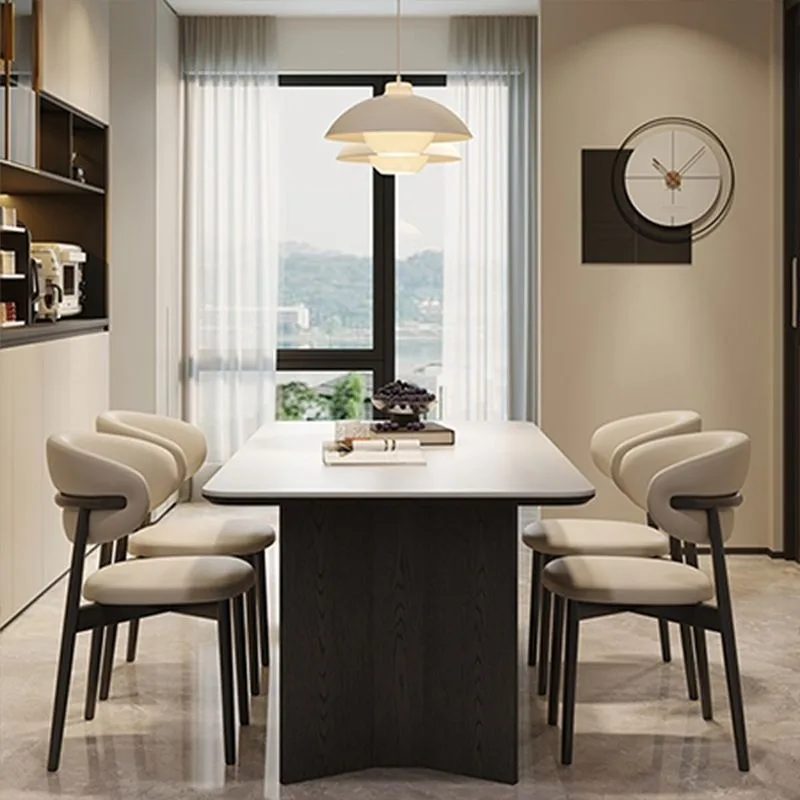 Italian Minimalist Wood Dining Table Chair Set Rectangular Dining Table With White Slate Fixed Tabletop for Small Apartment