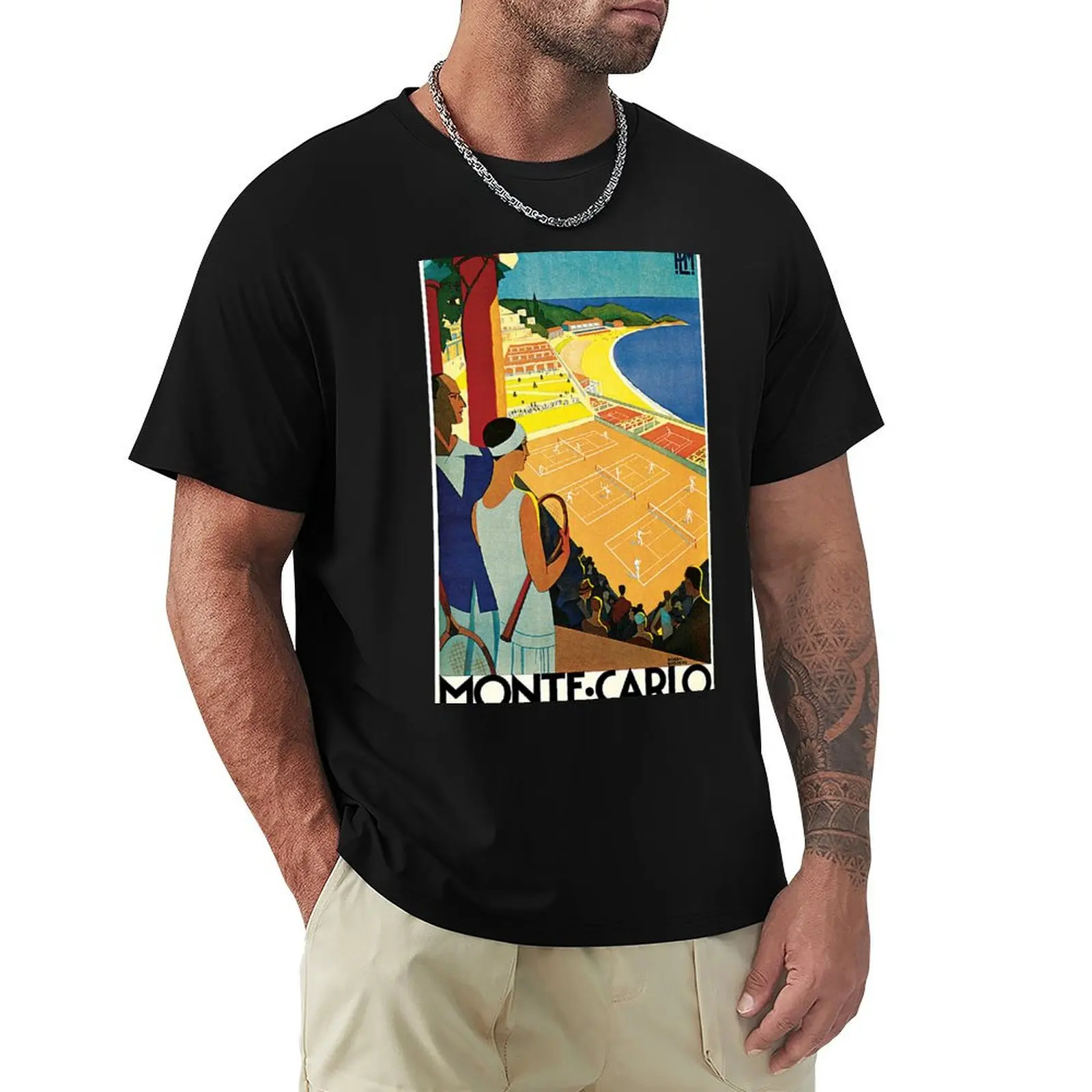 1920s Vintage Monte Carlo Tennis Travel Ad T-Shirt Basic Regular Fit Casual T-Shirt