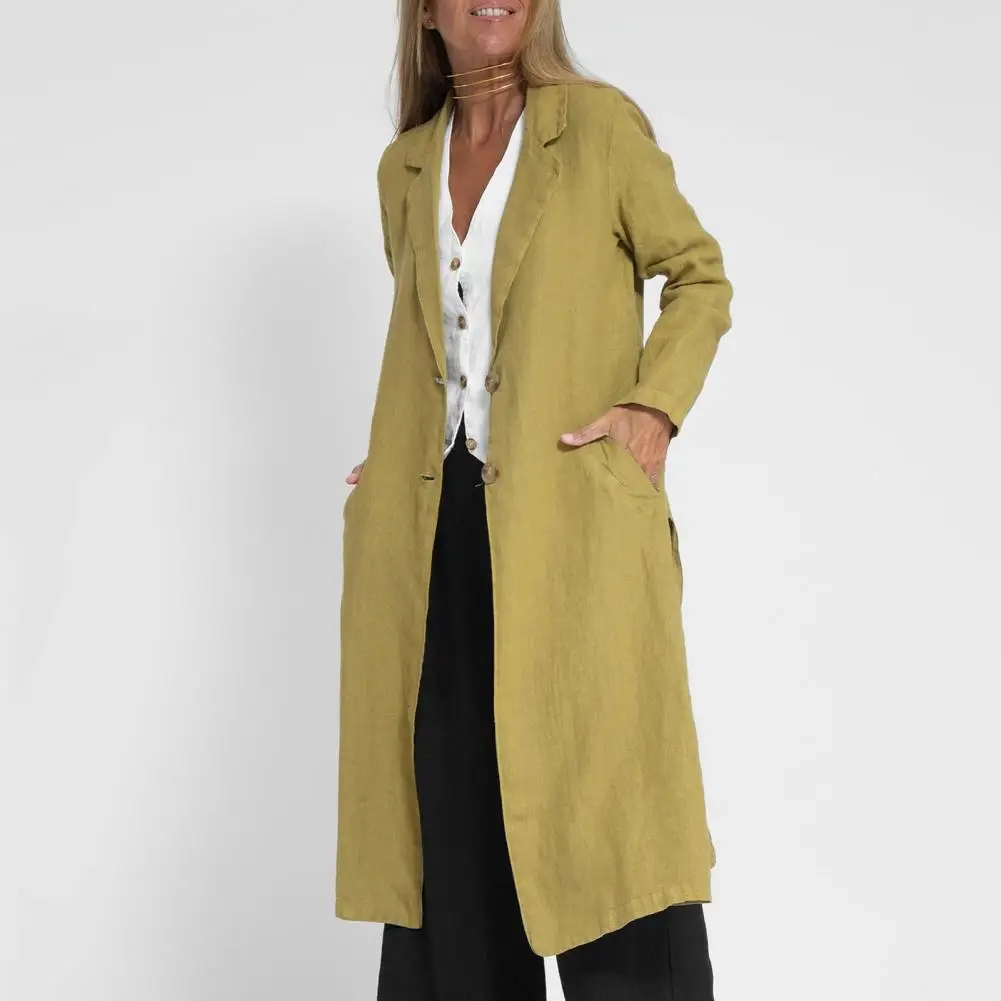 Trench coat frontal aberto de comprimento médio respirável feminino, casaco longo, cardigã elegante, lapela, bainha dividida, cardigã